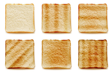 Toasted bread for sandwich 3D isolated vector set realistic illustration, top view, traditional breakfast. Square slices of bread with different degrees of roasting on white background - obrazy, fototapety, plakaty