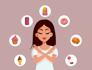 Woman Rejecting Unhealthy Fast Food Diet Vector Cartoon Illustration. Girl with orthorexia rejecting different food as unhealthy and prohibited

