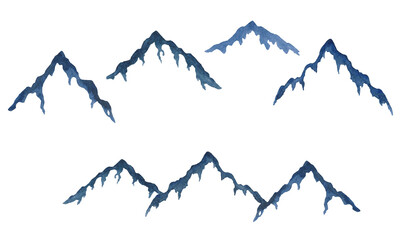 Watercolor Mountain Peaks. Rocky landscape. Set of hand-drawn watercolor elements. Collection of diverse blue outline abstract snowy mountains. Isolated on a white background. 