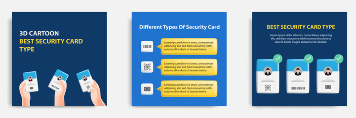 Social media tutorial, tips post banner layout template in 3D cartoon style. Security card comparison concept. Vector design illustration