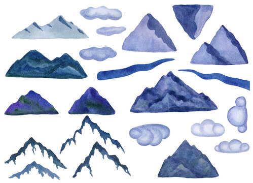 Watercolor mountains, stones, clouds, rivers. Set of hand-drawn watercolor elements. Collection of diverse blue mountains. Rocky landscape. Abstract snowy peaks. Isolated on a white background. 