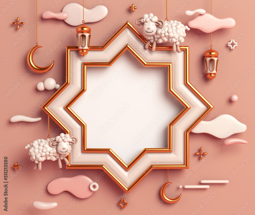 Wall mural eid al adha islamic decoration background with goat sheep lantern crescent arabic window ramadan kar