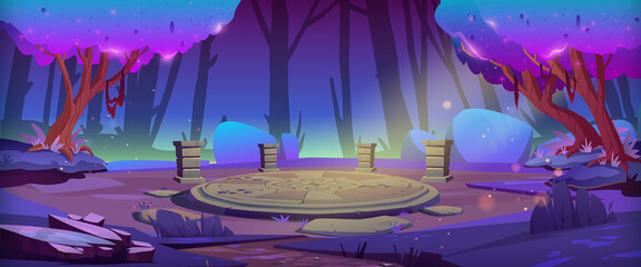 Magic forest with round stone altar at night. Vector cartoon illustration of fantasy woods landscape with trees, bushes, path and ancient ruins with circle platform and pillars © klyaksun