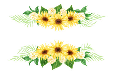 Top and bottom frames of sunflowers and white roses drawn in digital watercolor