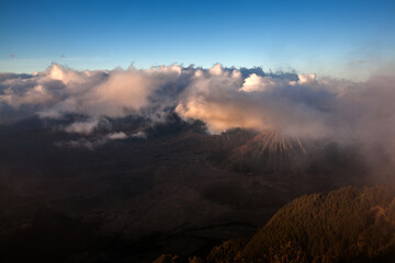 Obraz na płótnie Canvas Bromo Mountain with Morning Mist, is Volcano Mountain in Surabaya, Indonesia