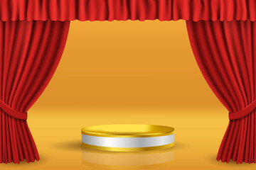realistic podium display template backdrop with curtain frame vector