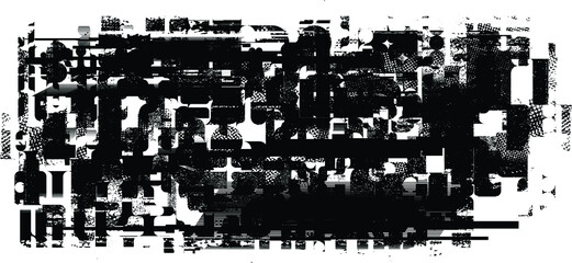 Fototapeta premium Glitch distorted geometric shape . Noise destroyed logo . Trendy defect error shapes . Glitched frame .Grunge textured . Distressed effect .Vector shapes with a halftone dots screen print texture.