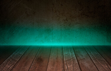 Old wood table with dark wall and Blue lighting Effect background.