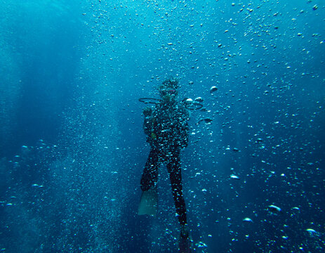 A silhouette of a scuba diver surrounded by ascending bubbles in the deep blue ocean