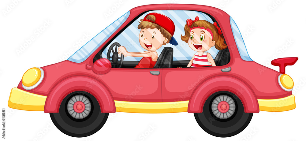 Wall mural kids in a red car in cartoon style