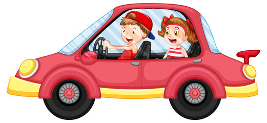 Kids in a red car in cartoon style