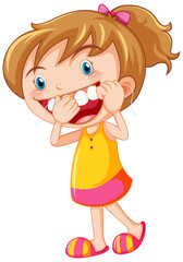 Cute girl cartoon character flossing teeth - obrazy, fototapety, plakaty