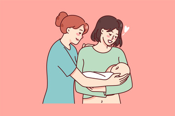 Happy nurse and young mother holding newborn baby on hands. Smiling mom meeting child infant have comfort from doctor. Motherhood concept. Flat vector illustration. 