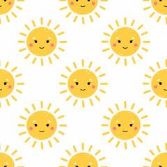 Cute yellow sun with face and smile. Seamless pattern for sewing clothes and printing on fabric. Endless background in nursery.