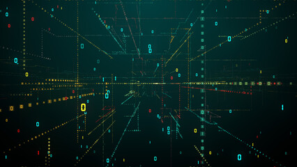 Obraz premium Abstract Bluish Green Futuristic Digital Technology With Binary Numeral Geometry Lines And Particles Space Background