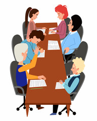 The concept of a working meeting of colleagues at the table. Business meeting at work. Vector illustration in a flat style.