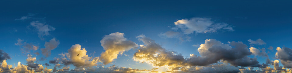 Dark blue sunset sky panorama with Cumulus clouds. Seamless hdr pano in spherical equirectangular...
