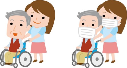 車椅子のおじいさんと若い女性