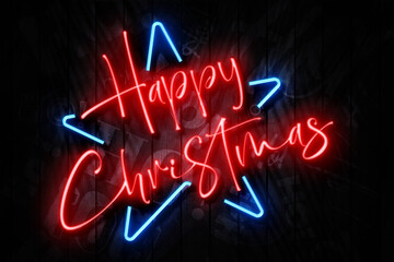 Happy Christmas Neon Sign on a Dark Wooden Wall with neon star and Ho Ho Ho text background