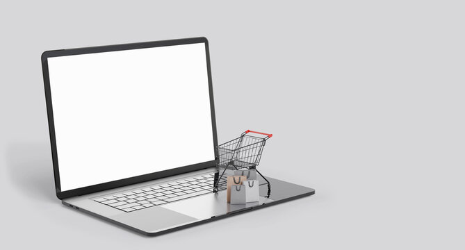 3d render of cart with card board box laptop shopping online concept.