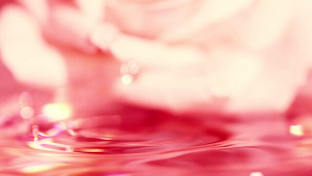 Slow motion close-up pink water drop splashing on blurred rose flower background