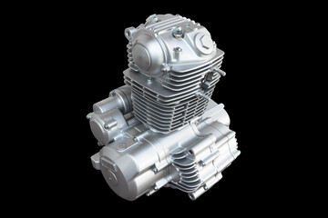 Motorcycle engine isolated on black background. Air cooled internal combustion engine for...