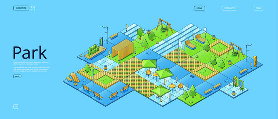 Eco park poster with isometric summer landscape with green trees, grass, wooden benches and swings. Vector banner of city public garden with cafe, vending machines and playground