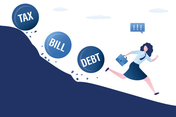 Businesswoman runs away from financial problems. Loser under debt burden, taxes pressure. Female debtor or borrower runs away from large stones with inscription - debt, tax, bill. Bankruptcy.