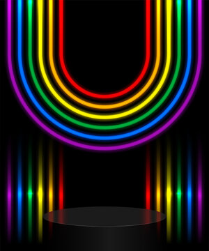 Stage podium with abstract rainbow neon light. Pedestal scene for product display on black background. Vector illustration.