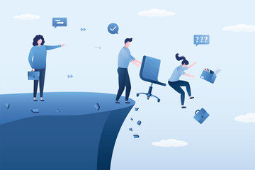 Boss fires employees. Unhappy dismissed manager fall off the cliff, staff reduction. Jobless white collar. Unemployment, concept. Bankruptcy, economic crisis, financial problems.