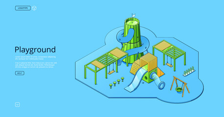 Playground poster with isometric kids amusement equipment for park, backyard, school or kindergarten. Vector banner of play ground for children with swings, slides and ladders