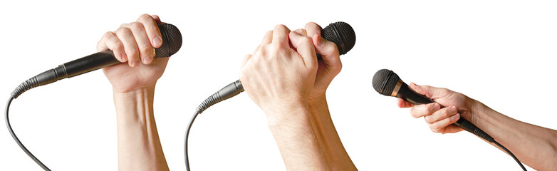 Obraz premium Microphone in hand closeup. Isolated on a white background. Set