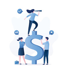 Woman boss or leader stands on large dollar sign and looks through spyglass. Business vision, company development strategy. Employees holding dollar currency.