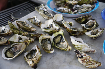 Fresh half oysters being prepped for a barbecue                             