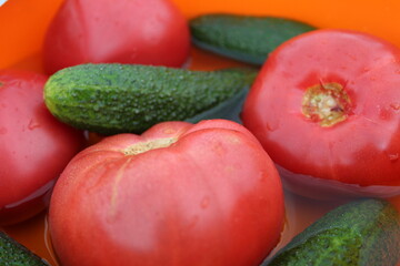 fresh vegetables tomatoes and cucumbers in water