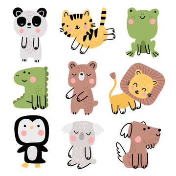 Collection of vector animals in cartoon style. Baby animal pictures, crocodile, panda, lion, frog, penguin, koala, teddy bear