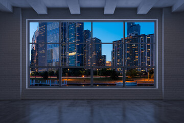 Downtown Chicago City Skyline Buildings from High Rise Window. Beautiful Expensive Real Estate overlooking. Epmty room Interior Skyscrapers View in Penthouse Cityscape. Night. 3d rendering.