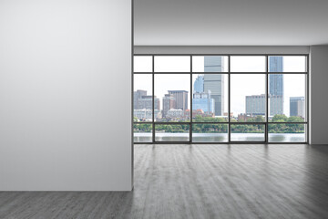 Obraz premium Panoramic picturesque city view of Boston at day time from modern empty room, Massachusetts. An intellectual and political center. Mockup copy space empty wall. Display concept. 3d rendering.