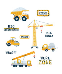 Set cute yellow construction vehicle in flat style. Illustration crane, dump truck and road drink for children in pastel colors. Vector
