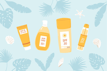 Banner sunscreens with SPF. Sun protection products and tropical leaves on blue background. Concept protection uv radiation. Summer cosmetic. Illustration skin care,cream, spray, tube. Vector.