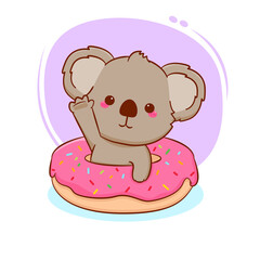 Cute happy baby koala bear with doughnut. Cartoon character illustration