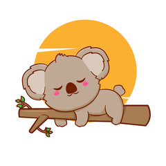 Cute happy baby koala bear sleeping on tree. Cartoon character illustration