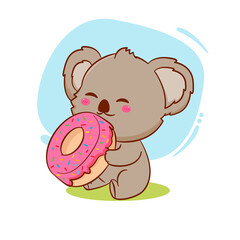 Cute happy baby koala bear with doughnut. Cartoon character illustration