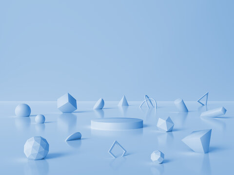 Illustrations with various types of abstract geometric 3d solids with blue.