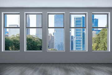 Fototapeta premium Downtown Chicago City Skyline Buildings from High Rise Window. Beautiful Expensive Real Estate overlooking. Epmty room Interior Skyscrapers View in Penthouse Cityscape. Day time. 3d rendering.