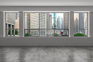 Downtown Chicago City Skyline Buildings from High Rise Window. Beautiful Expensive Real Estate overlooking. Epmty room Interior Skyscrapers View in Penthouse Cityscape. Day time. 3d rendering.