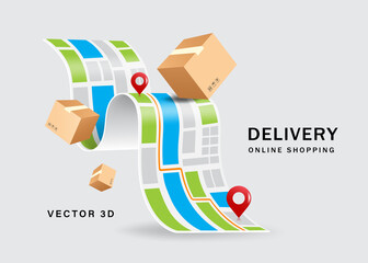 Parcel box floats on the map paper and has a red pin located where the parcel will be delivered to the customer,vector 3d isolated on white background for online shopping and delivery concept design