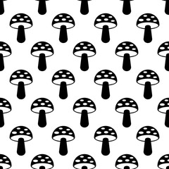 Seamless pattern with mushrooms. Black icon of mushrooms on white background. Isolated symbol mushroom in flat style. Design for print on fabric, wrapping paper, packing, wallpaper.Vector illustration
