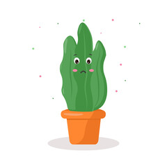 the character is a kawaii cactus in a pot with emotions sad