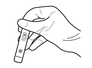 Vector illustration of negative diagnostic result of rapid test on covid CoV-19 or coronavirus disease in hand in medical gloves. Black sketch or drawing. Text of test card on english "SARS-CoV-2 Ag"